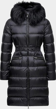 Moncler Boedic Hooded Shearling-Trimmed Long Down Jacket