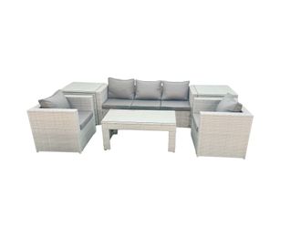 Fimous Rattan Garden Furniture Set 6 Pieces Outdoor Garden Sofa Oblong Coffee Table Set with 2 Chairs 2 Side Tabes Light Grey Mixed