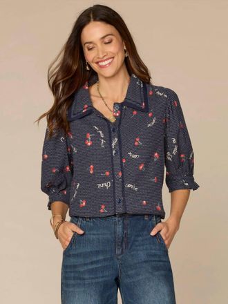 Democracy Elbow Printed Woven Top In Navy Cherry Print