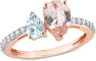 Mimi & Max 2 CT TGW Pear Shape Morganite, Aquamarine and White Topaz Ring in 10K Rose Gold