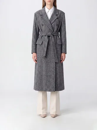 Brunello Cucinelli Cappotto lungo doppiopetto in lana dalpaca check con cintura
