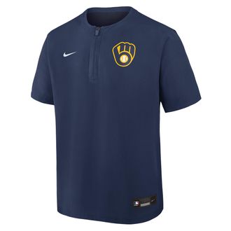 Nike Milwaukee Brewers Authentic Collection Nike Mens Dri-FIT MLB 1/4-Zip Short-Sleeve Windshirt in Blue | 04HF11TFMZB-Q9T