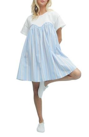 Wishlist Stripe Twofer Mixed Media Cotton Babydoll Dress in Blue Combo at Nordstrom Rack, Size Medium