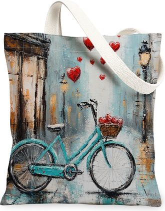 Generic Heart Pattern Canvas Tote Bags, Vintage Bike Design Reusable Grocery Bags, Spring Floral Lightweight Washable Shoulder Strap Canvas for Travel Outdoor