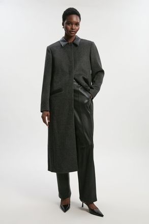 Karen Millen Womens Brushed Wool Check Pu Mix Tailored Midi Coat - Grey - Size 14 UK