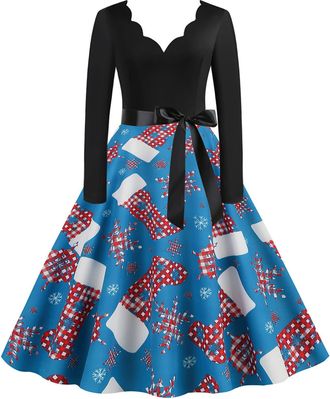 Generic Christmas Dresses for Women UK Womens Christmas Dress A Line V Neck Vintage Long Sleeve Print Xmas Party Swing Dress Ladies Sexy Xmas Novelty Outfits 
