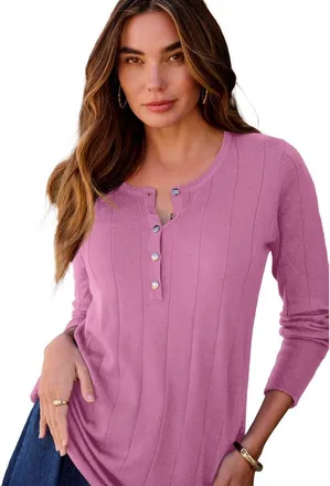 Roaman's Plus Size Drop Needle Henley Lightweight Sweater Knit in Mauve Orchid at Nordstrom, Size Medium