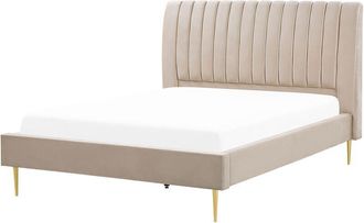 Beliani Cama Con Somier De Terciopelo Beige Arena Dorado 160 X 200 Cm Reposacabezas Marville