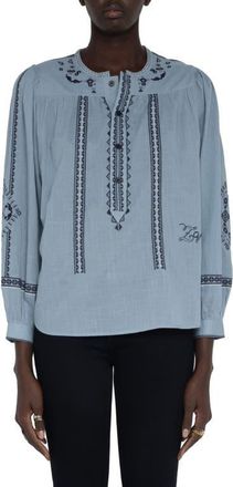 Zadig&Voltaire Tigy Long Sleeve Embroidered Cotton Top in Sky at Nordstrom, Size X-Small