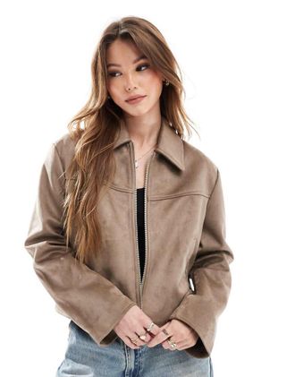 Asos faux suede top collar jacket in stone-Neutral