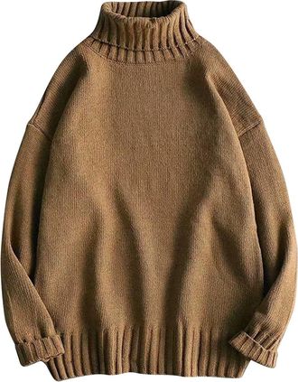 Generic Mens Jumpers Roll Neck Baggy Jumper for Men Long Sleeve Knit Sweaters Solid Colour Warm Thermal Knitwear Loose Fit Turtle Neck Pullover Fashion Autumn