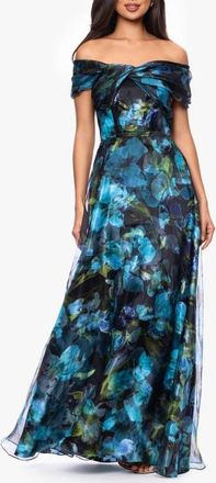 Betsy & Adam Floral Print Organza Off the Shoulder Gown in Black/Teal at Nordstrom, Size 16