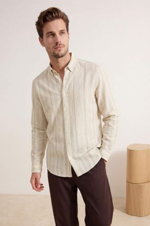 Trendyol MAN Heren Kaki Gestreept Lang Regular fit Overhemden