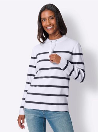 Heine Stehkragenpullover HEINE Pullover, Damen, Gr. 34, blau (marine, wei&szlig;, gestreift), 50% Viskose, 25% Polyester, 25% Polyamid, gemustert, gestreift, Pull