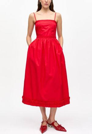 Ganni Red Cotton Poplin Strap Dress - Size 34 Organic