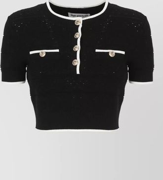 Self Portrait cropped top round neck contrast trim buttons