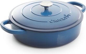 Crock-pot Artisan Enameled 5 Quart Cast Iron Round Braiser Pan with Self Basting Lid in Sapphire Blue
