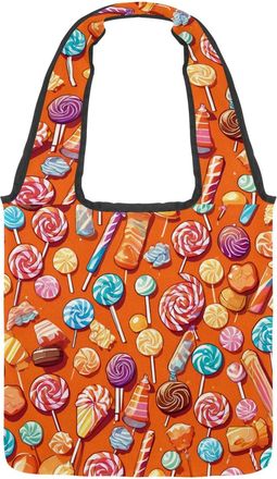 Generic Orange Candy Pattern Reversible Canvas Shoulder Tote - Double-Sided Print, 12oz Cotton, 27cm Drop, Fold-Flat Bag for Travel, Shopping, Street Outings
