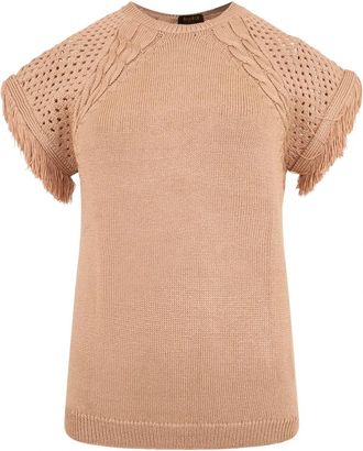 Moorer Sisu Trui met korte mouwen en franjes - Dames - Ronde hals truien - Beige - XS - Katoen - Truien & Vesten