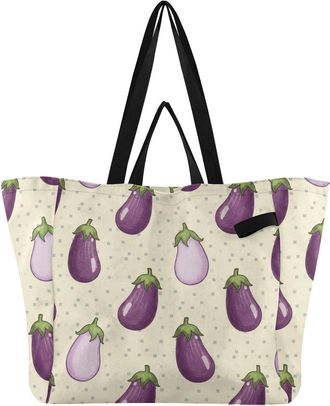 Generic Vegetable Eggplant Yellow pattern Reusable Canvas Tote Bag, Heavy Duty Grocery Shopping Bag with Hard Bottom Large Capacity Double Handles Work Grocer