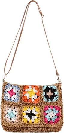 Generic Woven Paper Rope Shoulder Bag Ethnic Vintage Colorful Flower Crocheted Crossbody with Zippered for Beach