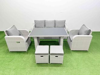 Fimous Outdoor Rattan Garden Furniture Dining Set 7-seater with 2 Small Stool in Light Grey