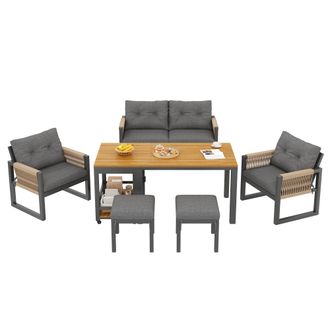 STILVORA Salotto Da Giardino Con 1 Divano 2 Posti, 2 Poltrone E 1 Tavolo Rimovibile, Per Terrazza, Ferro, Poliestere E Legno Plastico, Grigio E Naturale