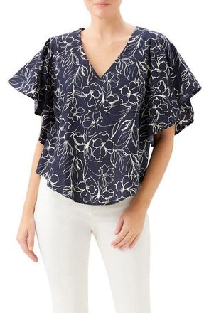Karen Kane Flutter Sleeve V-Neck Cotton Top in Print at Nordstrom, Size X-Small