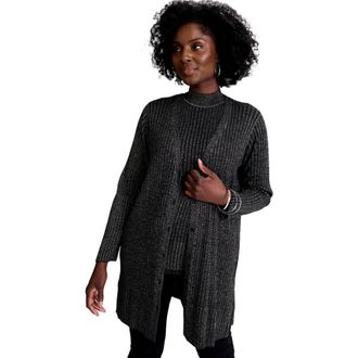 Jessica London Ribbed Midi Cardigan in Black Metallic at Nordstrom, Size Medium