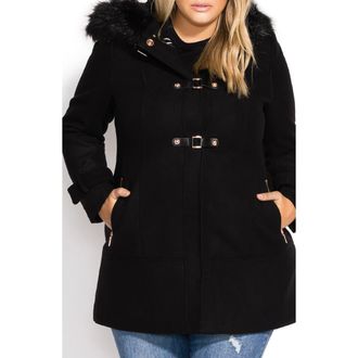 City Chic Wonderwall Coat with Faux Fur Collar in Black at Nordstrom, Size Xs