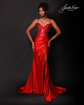 Johnathan Kayne Sparkling Two Tone Bodice Gown In Red