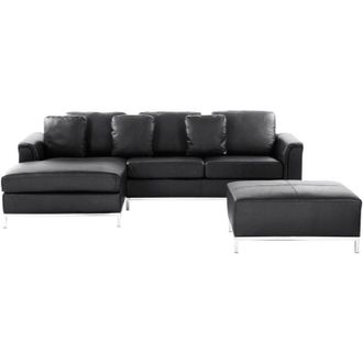Beliani Corner Sofa Black Leather Upholstered with Ottoman L-shaped Right Hand Orientation OSLO