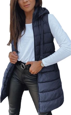 Generic Women Long Puffer Vest,Ladies Hooded Gilet,Down Body Padded Vest with Pockets,Warm Autumn Winter Outerwear with Pockets (Navy,M)