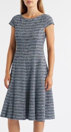 Eliza J Tweed Cap Sleeve Fit & Flare Dress in Black Blue at Nordstrom Rack, Size 14
