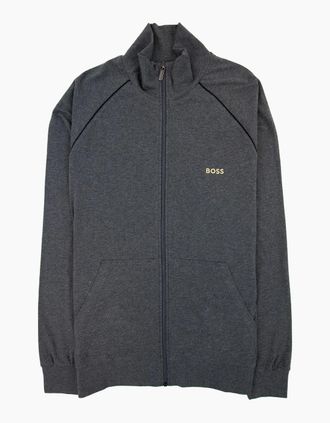 HUGO BOSS Mens Hugo Boss Logo-embroidered Zip-up Jacket In Stretch Cotton Dark Grey 010 - Size: 40/Regular