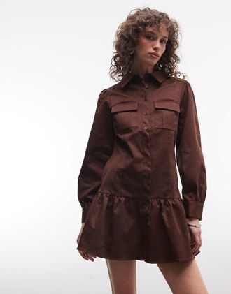 Reclaimed Vintage Vestito camicia corto multitasche in twill di cotone beige-Neutro