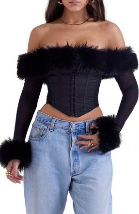 House of CB Merle Faux Fur Off the Shoulder Crop Corset in Black at Nordstrom, Size X-Large