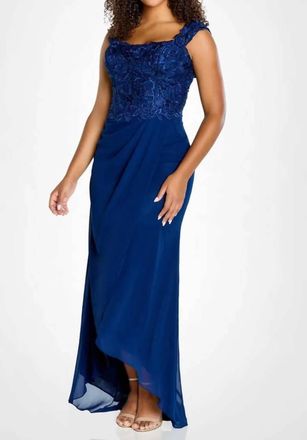 Montage by Mon Cheri Cap Sleeve Formal Maxi Dress In Navy Blue