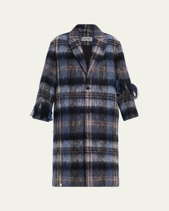 Loewe Single-Breasted Plaid Wool Fringe Long Coat
