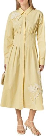 English Factory Floral Appliqu&eacute; Pintuck Long Sleeve Cotton Shirtdress in Butter Yellow at Nordstrom, Size Large