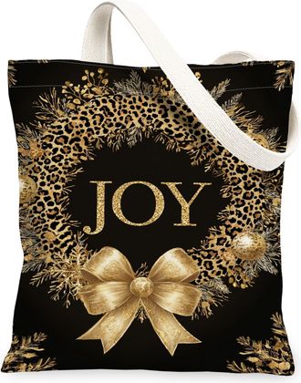 Generic Christmas Wreath Canvas Tote Bags, Leopard Print Reusable Grocery Bags, Winter Vintage Lightweight Washable Shoulder Strap, Black, 13x15 Inch