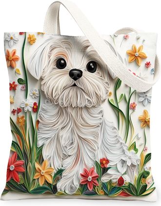 Generic Paper Quilling Maltese Dog Canvas Tote Bag for Shopping 13x15, Fun Wildflower Puppy Reusable Grocery Print Pattern Bag for Women, Pet Beach Aesthetic 