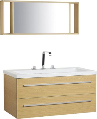 Beliani Mobiletto Lavabo Beige E Argento A 2 Cassetti Con Specchio Moderno Almeria