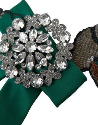 Dolce & Gabbana Green Satin Bird Crystal Women Hair Clip Fabric Accessory