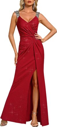 Ever-pretty Maxi Formal Evening Dress Elegant Sequin V Neck and High Slit Prom Dress Red 14