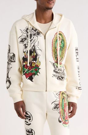 Ed Hardy Virgin Mary Boxy Zip-Up Hoodie in Ivory at Nordstrom Rack, Size Xx-Large