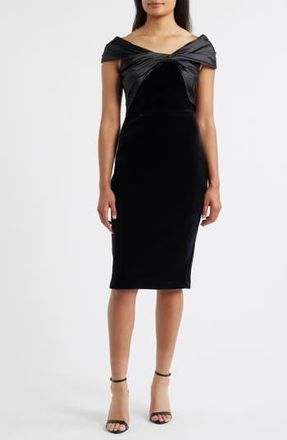 Eliza J Satin Wrap Detail Velvet Sheath Dress in Black at Nordstrom Rack, Size 12