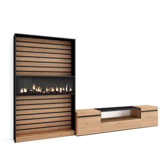 Skraut Home Skraut Home - Muebles De Sal&oacute;n Para Tv, Conjunto De Muebles Comedor, 310x186x35cm, Para Tv Hasta 80, Chimenea El&eacute;ctrica, Estilo Moderno, Roble Y Negro