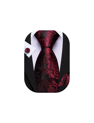 Barry.Wang Red Black Paisley Tie Mens Silk Burgundy Necktie Pocket Square Cufflinks Set Formal Wedding Party