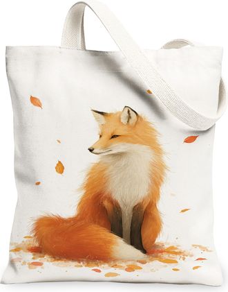 Generic Autumn Fox Canvas Tote Bags, Artistic Animal Design Reusable Grocery Bags, Vintage Lightweight Washable Shoulder Strap Canv, White, 13x15 Inch